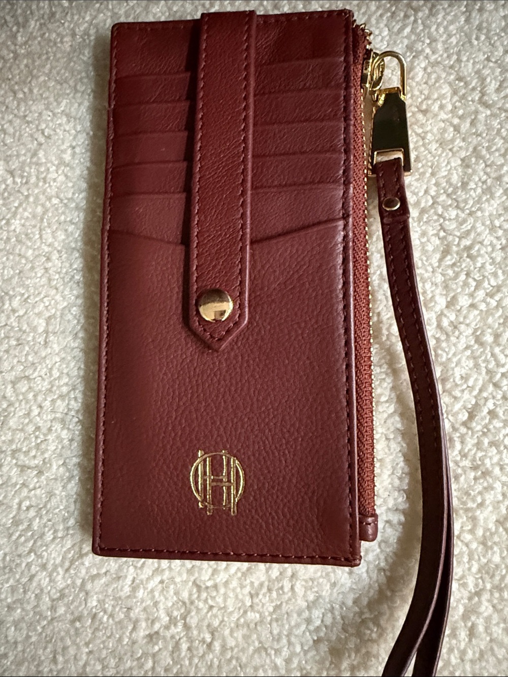 Burgundy Wristlet zip Card Holder Wallet with Gold Accent